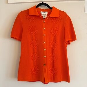 Vintage Escada Margaretha Ley Orange Floral Knit Short Sleeve Gold Logo Buttons